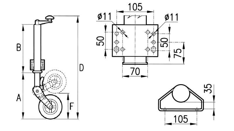 NAVOJNA PODPORNA NOGA S KOLESOM 60 mm 400 kg