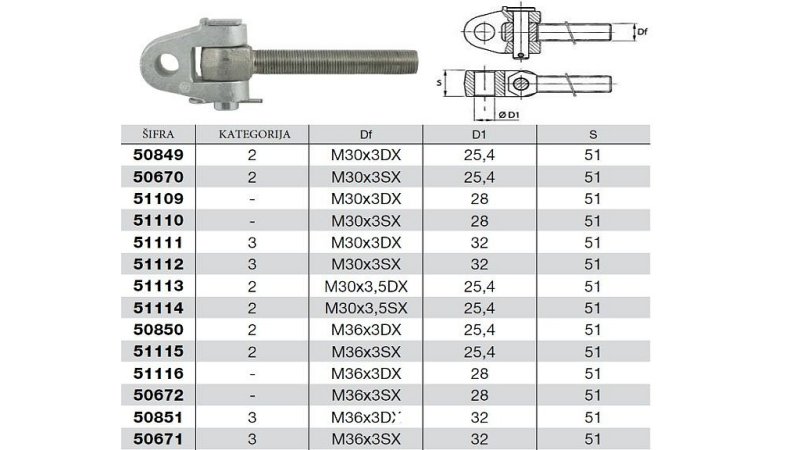 NAVOJNA KLJUKA ZA POTEZNICE Z GIBLJIVIM ZGLOBOM M36x3DX kat.2