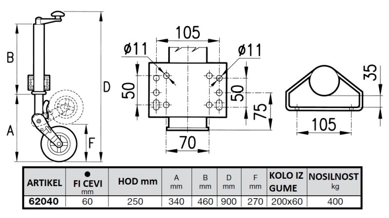 NAVOJNA PODPORNA NOGA S KOLESOM 60 mm 400 kg