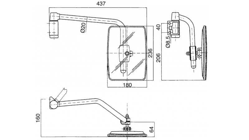 OGLEDALO CPL ČRNO DESNO,BELO STEKLO ZA KABINO NEW HOLLAND