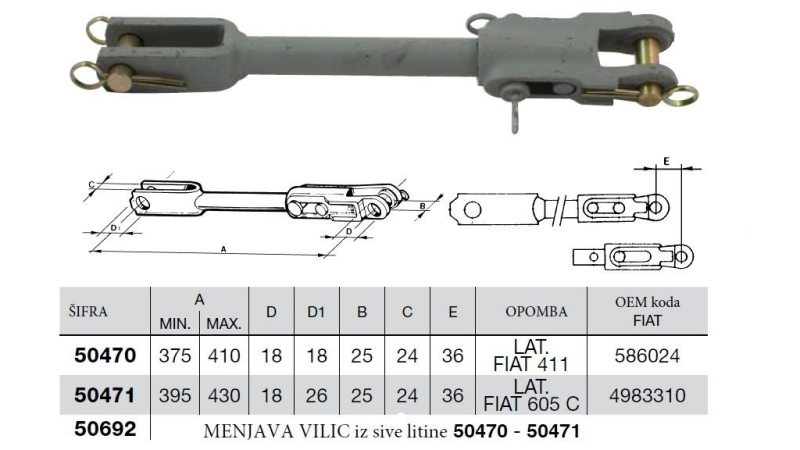 DVIŽNA ROKA ZA TRAKTOR HIDRAVLIČNA     FIAT 605C 395 - 430 mm  